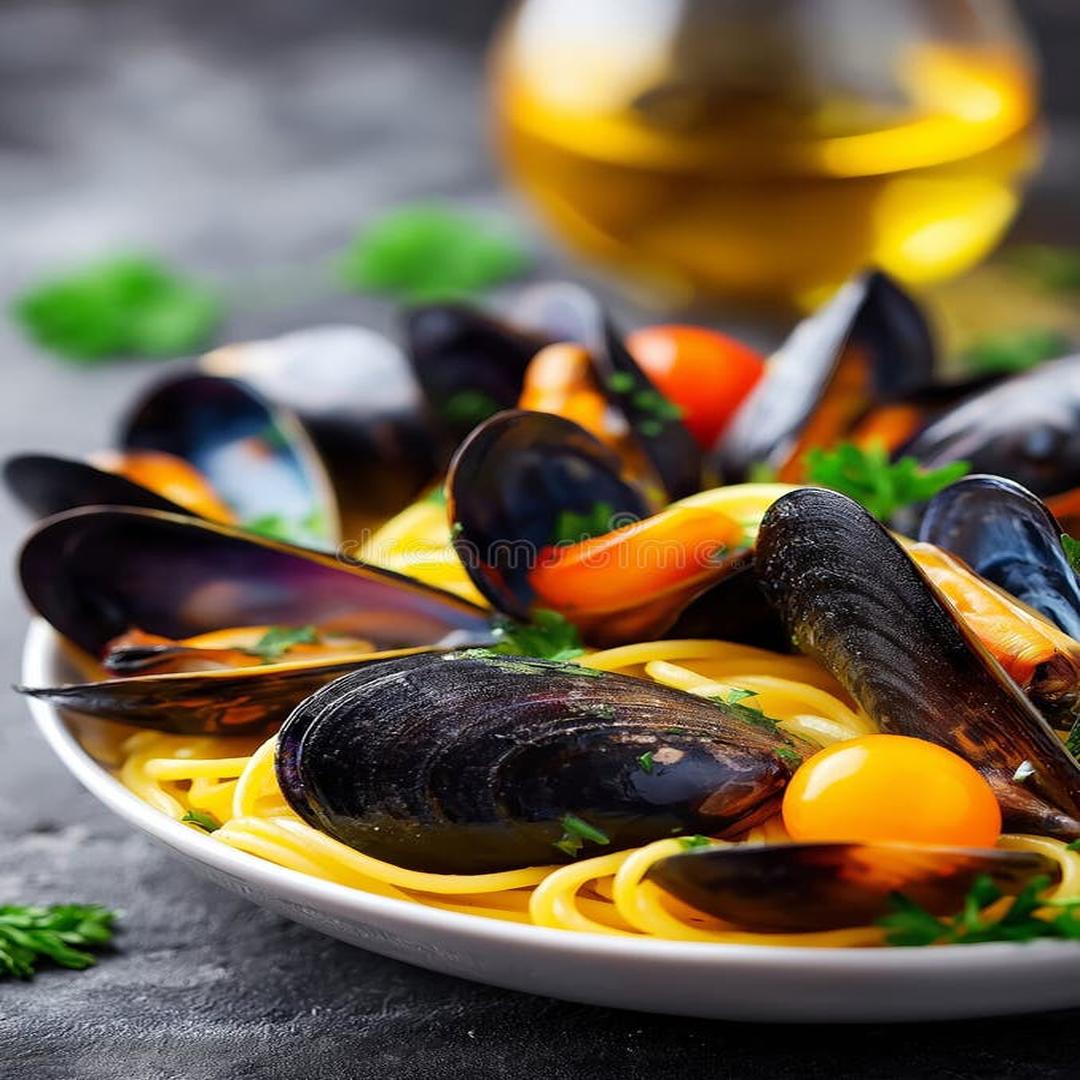 Gourmet spaghetti with mussels and cherry tomatoes